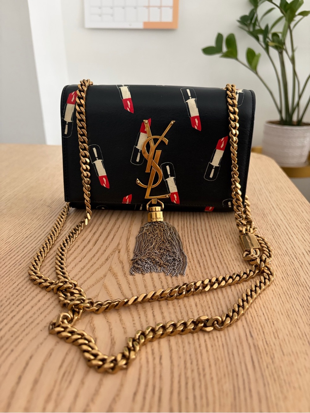 Saint Laurent Black Leather Lipstick Print Kate Tassel Chain Bag